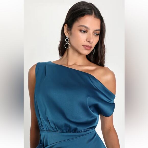 LULUS ELEGANR POISE DARK TEAL BLUE SATIN ASYMMETRICAL TIE FRONT DRESS SMALL - Picture 2 of 9